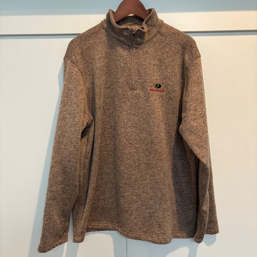 Mossy Oak Quarter Zip Pullover Men XL Brown Knit Fleece Lined Hunting Sweater